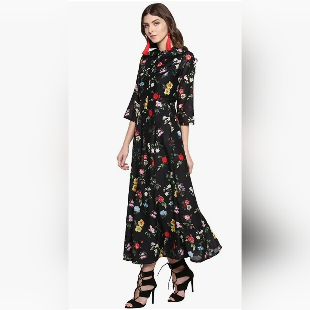 New Floral black summer casual maxi dress